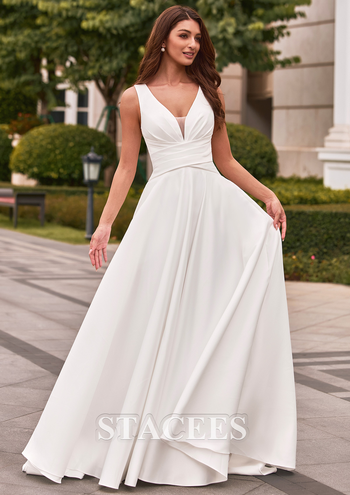 Ivory Classic A-line V Neck Satin Court Train Wedding Dress with Pleated