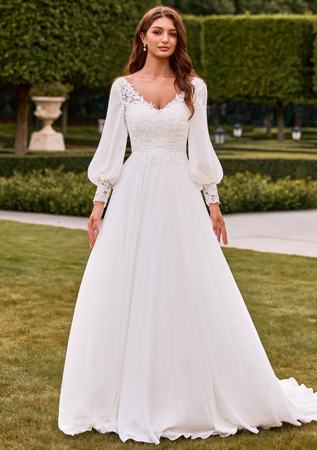 a line chiffon wedding dress with sleeves 44360: Clean A-Line Dress with Chiffon Blouson Sleeves