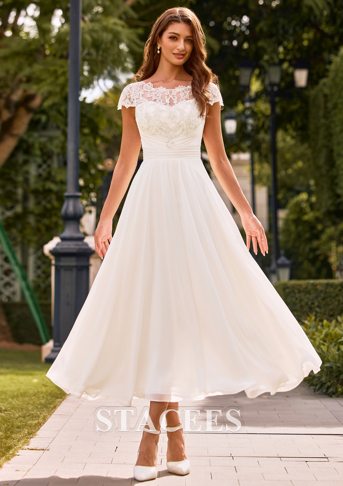 chiffon tea length straight neckline wedding dress Stacees Wedding Dresses A-Line Scoop Neck Ankle-Length Tulle Appliqued Flowers Appliqued