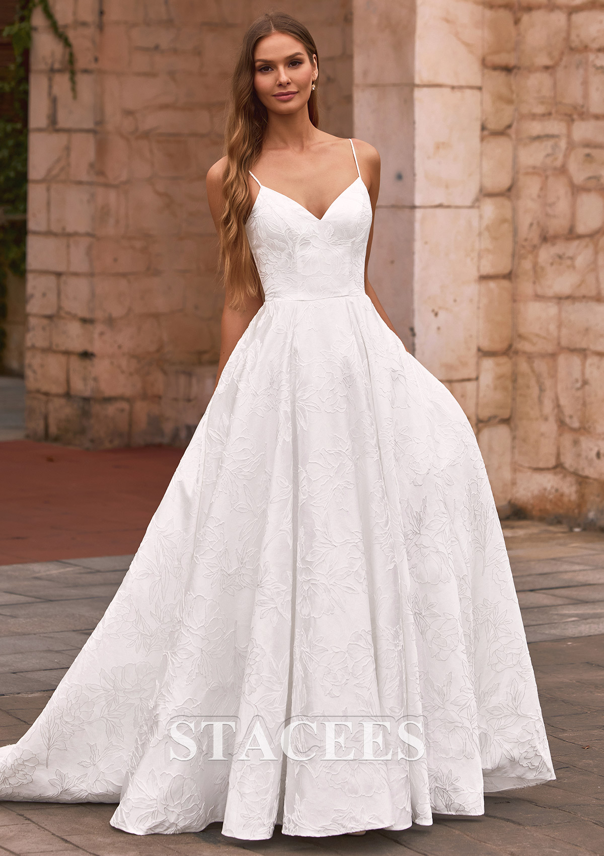 floral jacquard a-line dress in white Stacees 2026 A-Line Floral Jacquard Bridal Gown Wedding Dress