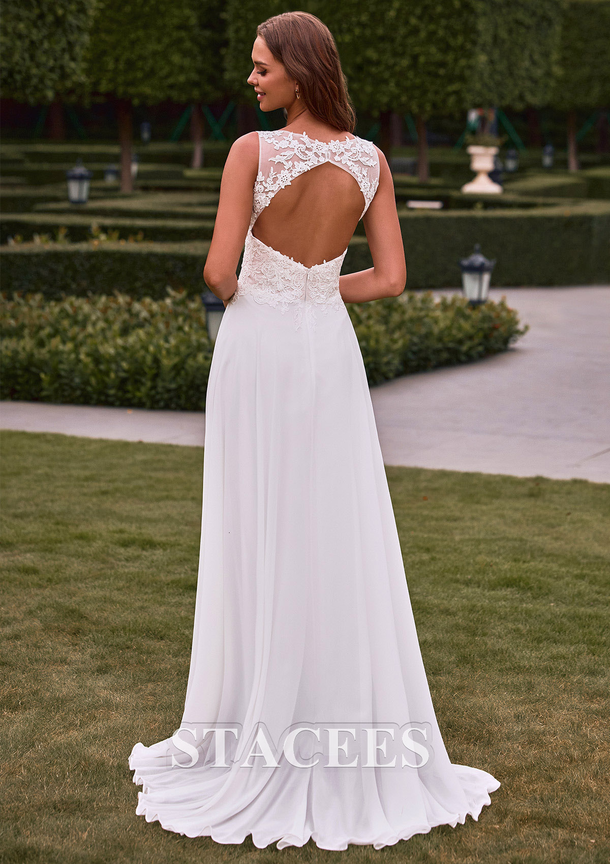illusion lace and chiffon a-line wedding dress A-Line Illusion Neck Slit Sweep White Lace Chiffon Wedding Dress