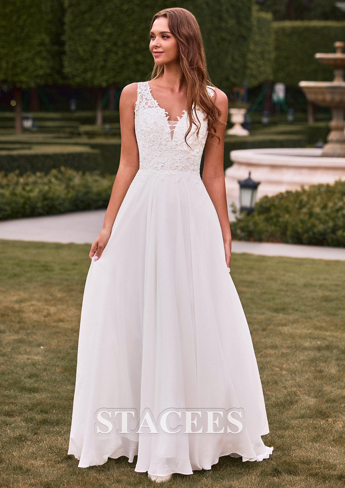 illusion lace and chiffon a-line wedding dress Stacees 2026 A-line V Neck Chiffon Sweep Train Wedding Dress with Lace Pleated