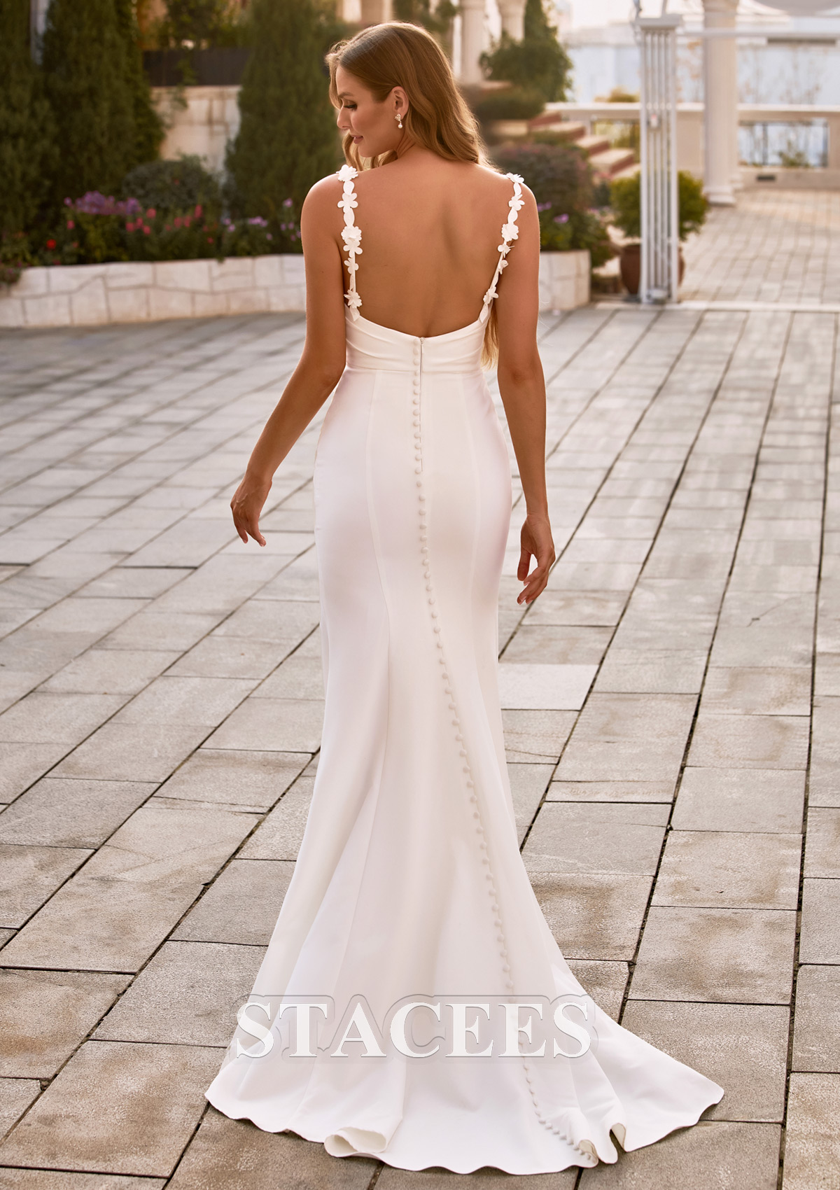 Marfil Corte trompeta/sirena escote redondo crepé elástico cola de corte vestido de novia - STACEES