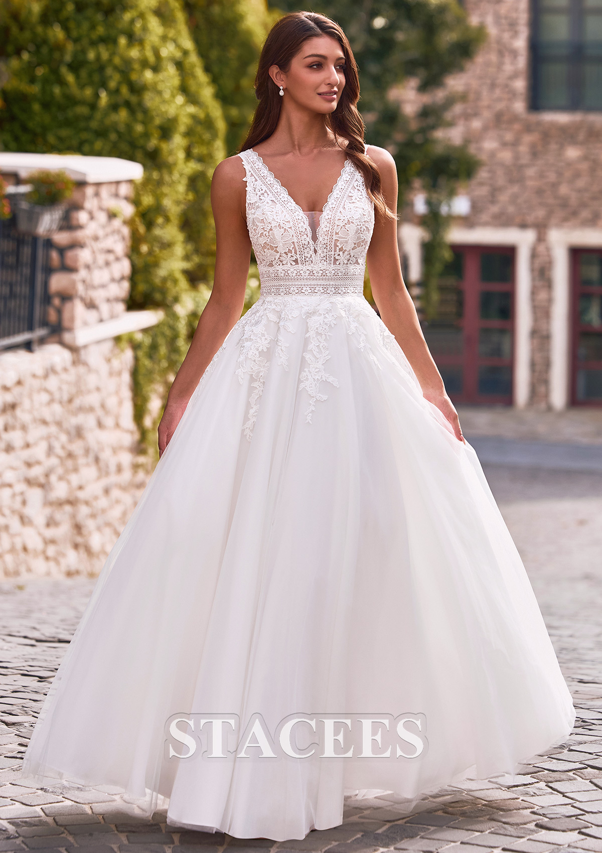 Ivory Romantic A-line Plunging V Neck Wedding Dress with Lace Sheer Corset