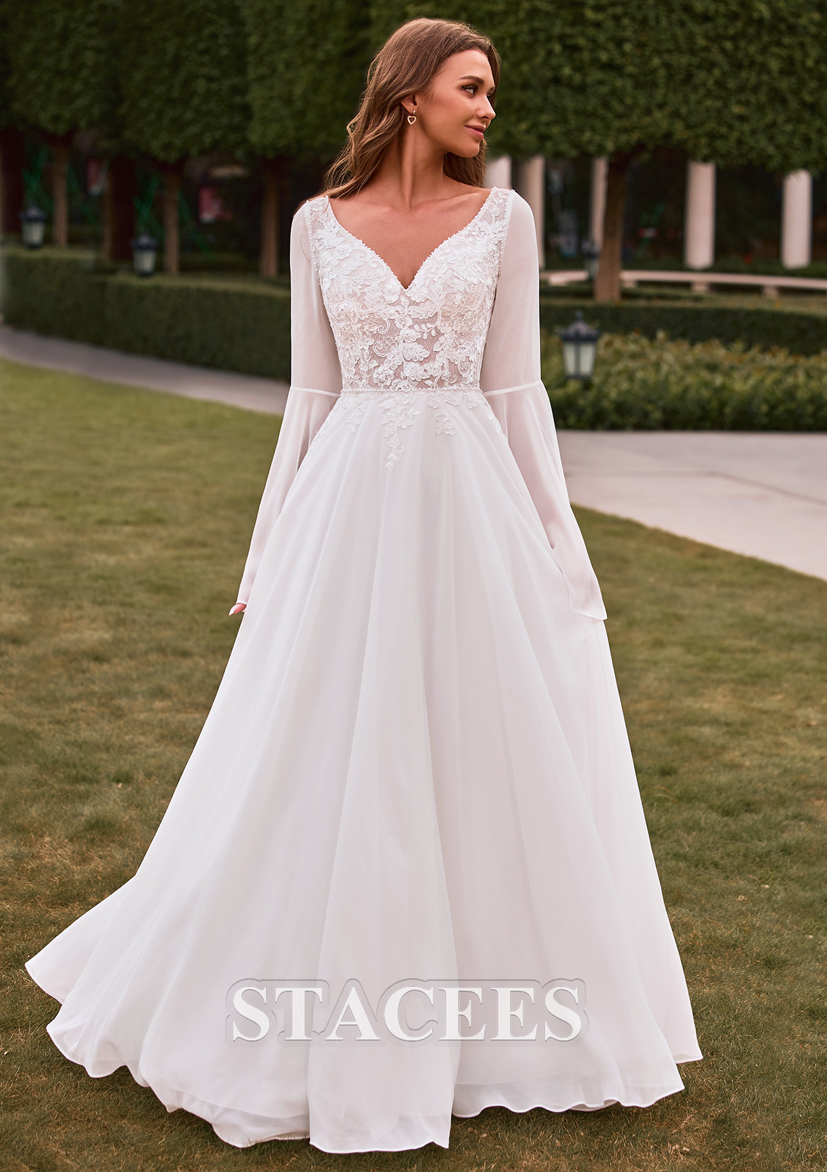 lace applique illusion chiffon skirt wedding dress Boho Beach Wedding Gown
