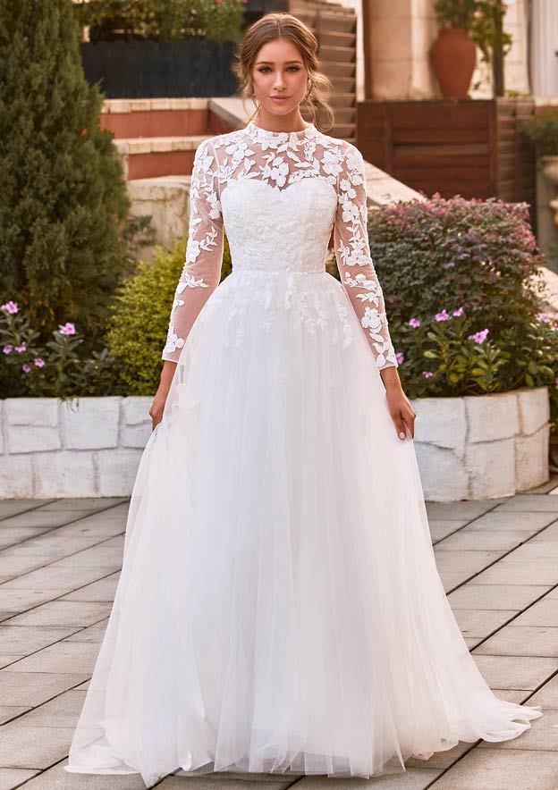 high neck a line dress A-line High-Neck Tulle Court Train Wedding Dress with Lace Sequins S3171W -  Wedding Dresses