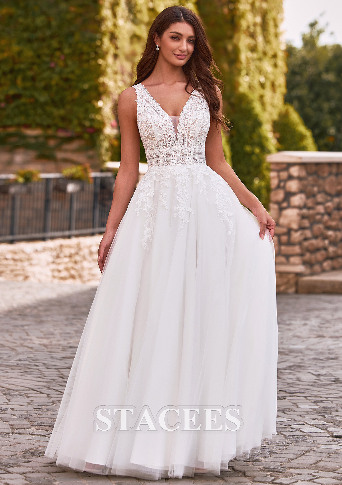 Ivory Romantic A-line Plunging V Neck Wedding Dress with Lace Sheer Corset
