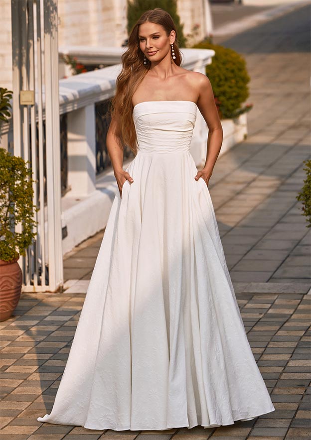 jacquard wedding dress Stacees 2026 A-line Strapless Jacquard Wedding Dress with High Slit Pockets