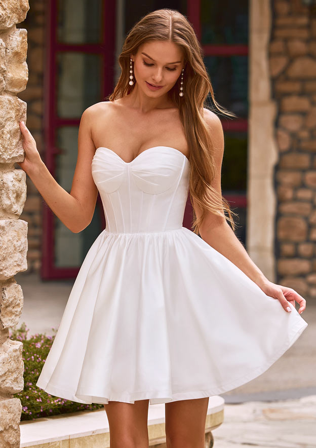 short white strapless wedding dresses Stacees 2026 A-line Sweetheart Satin Short/Mini Wedding Dress with Pleated