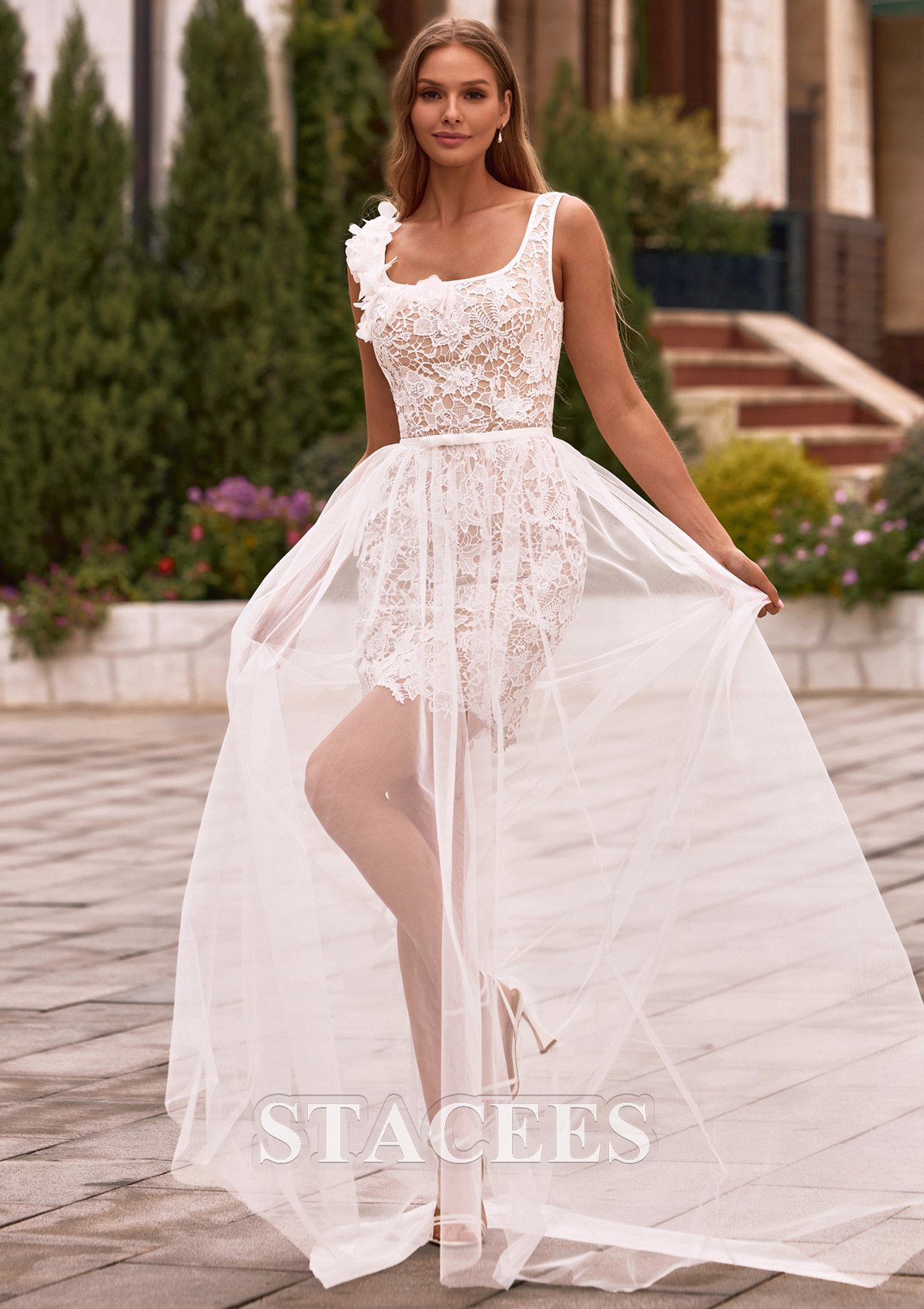 mini wedding dress with detachable train Beaded Mini A-line Wedding Dress WITH Voluminous Floral Bolero WITH Train 4 / Dress WITH Bolero
