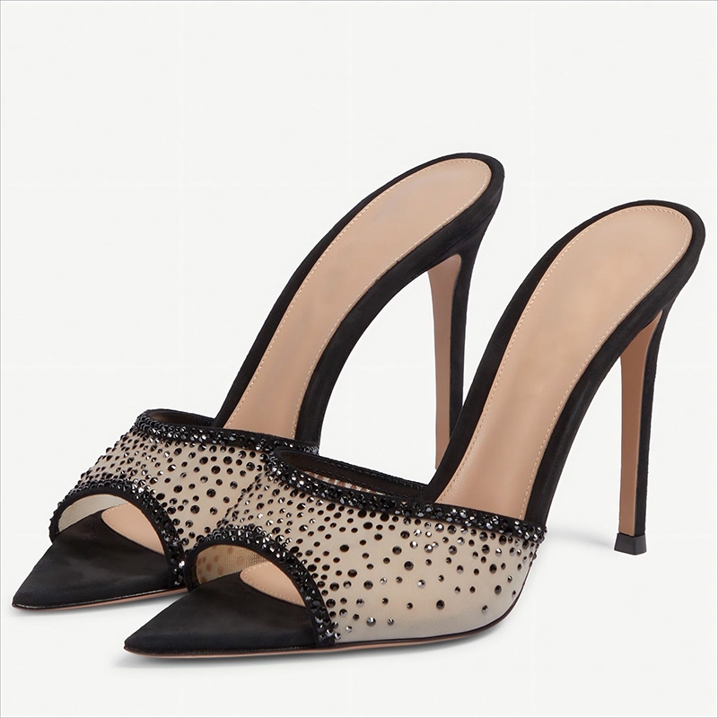 Black Pointed Toe Heels Mesh Leatherette Rhinestone Women's Party Special Occasion Shoes - STACEES