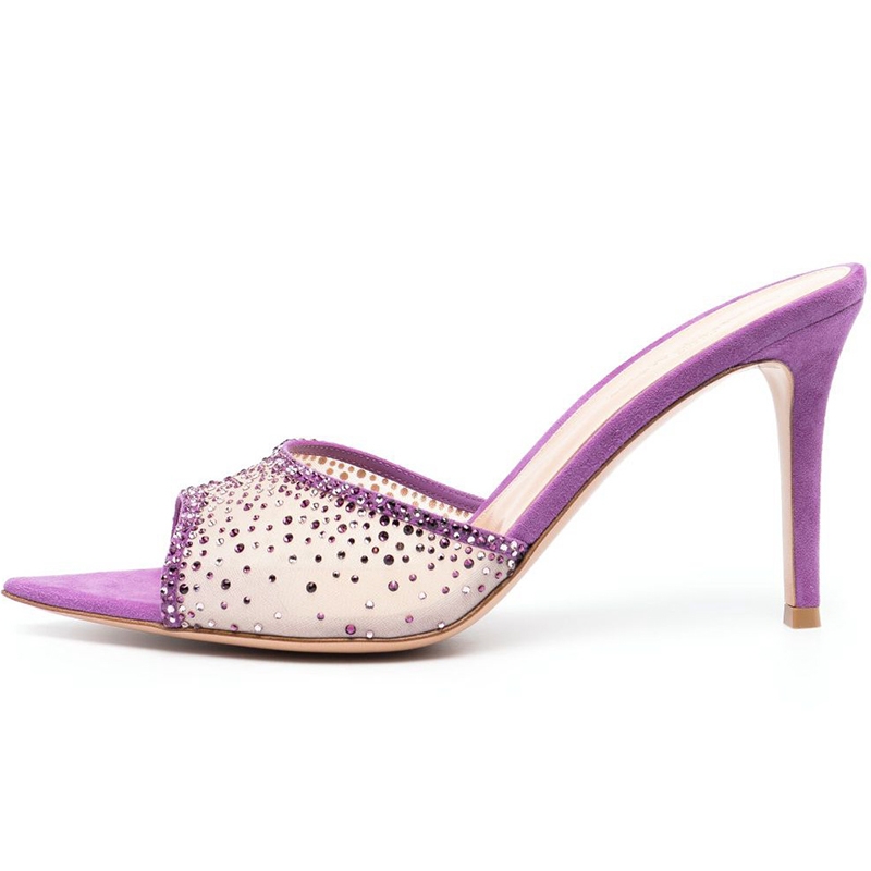 Purple Pointed Toe Heels Mesh Leatherette Rhinestone Women's Party Special Occasion Shoes - STACEES
