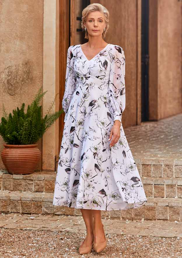 floral chiffon tea dress Stacees Floral Print Tea-Length Mother of the Bride or Groom Dress with Long Bishop Sleeves