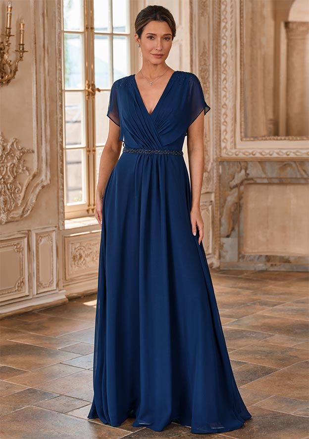 a line chiffon mother of the bride dress A-line Chiffon Mother of the Bride Dress with Flutter Sleeves Beads Pleats  S5021M - Mother of the Bride Dresses