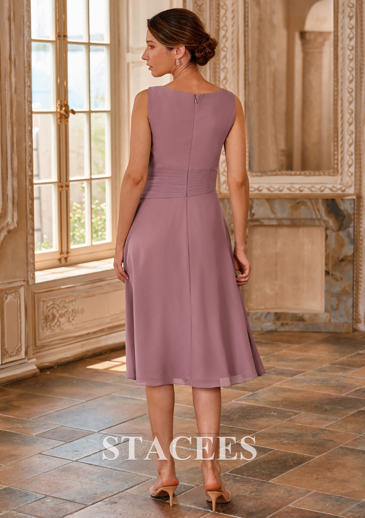 purple chiffon knee length dress CLEARANCE