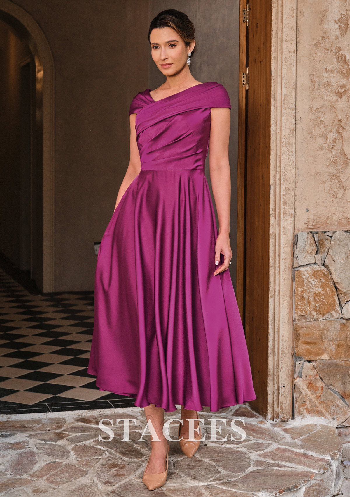 silk taffeta mother of the bride dresses A-line Tea-Length Stretch Satin Mother of the Bride Dress with Ruched Cap  Straps S5045M - Mother of the Bride Dresses