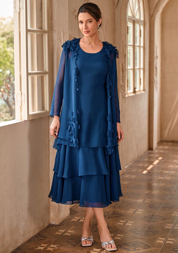 elegant floral mother of the bride dresses Stacees Elegant Tea Length Chiffon Tiered Mother of the Bride or Groom Dress with 3D Floral Applique Jacket