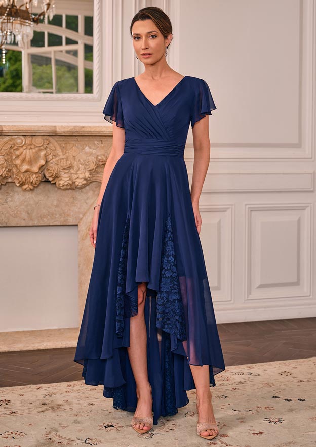 asymmetrical mother of the bride dresses Dress Chocolate A-line V-neck Chiffon Floor-Length Line High Low Mother of the Bride Dress flatters any figure Azazie Pascual Steel Grey A-Line