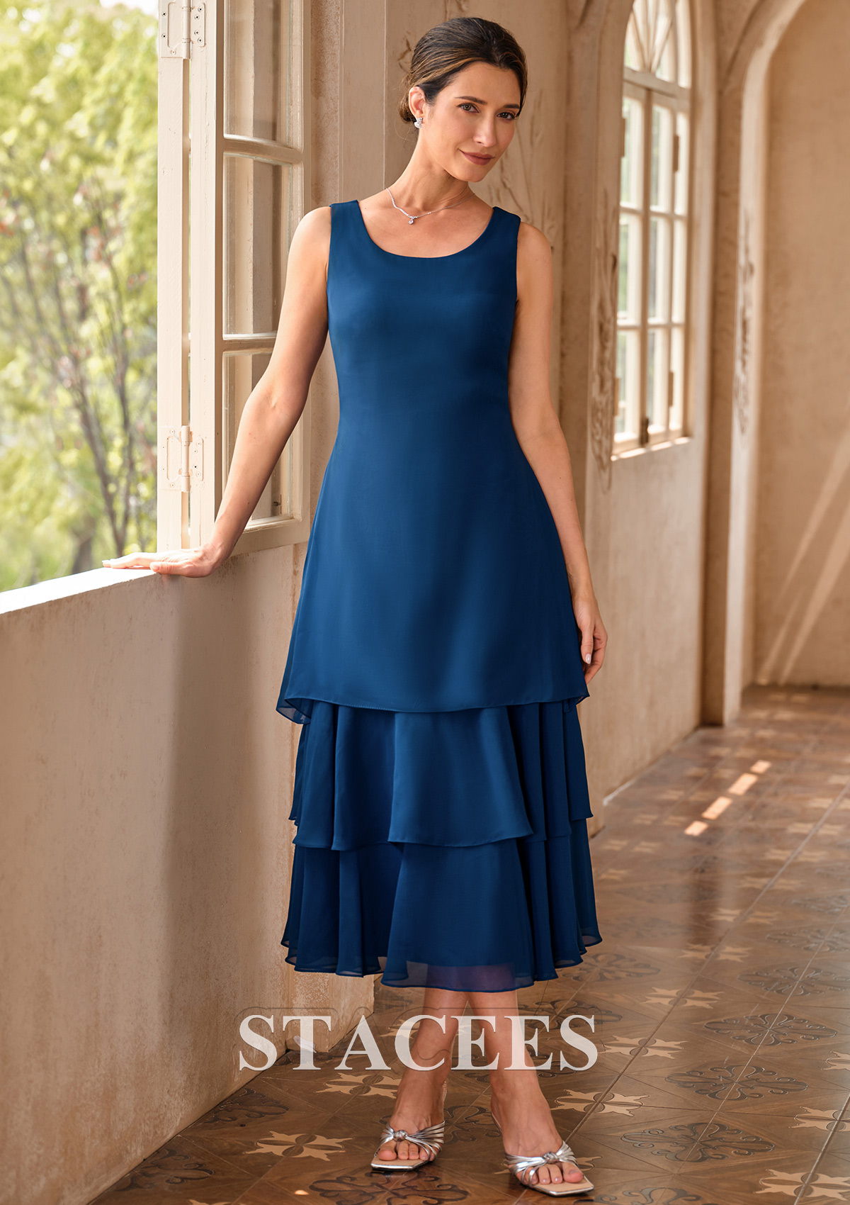 mother of the bride drop waist dresses Stacees Elegant Tea Length Chiffon Tiered Mother of the Bride or Groom Dress with 3D Floral Applique Jacket