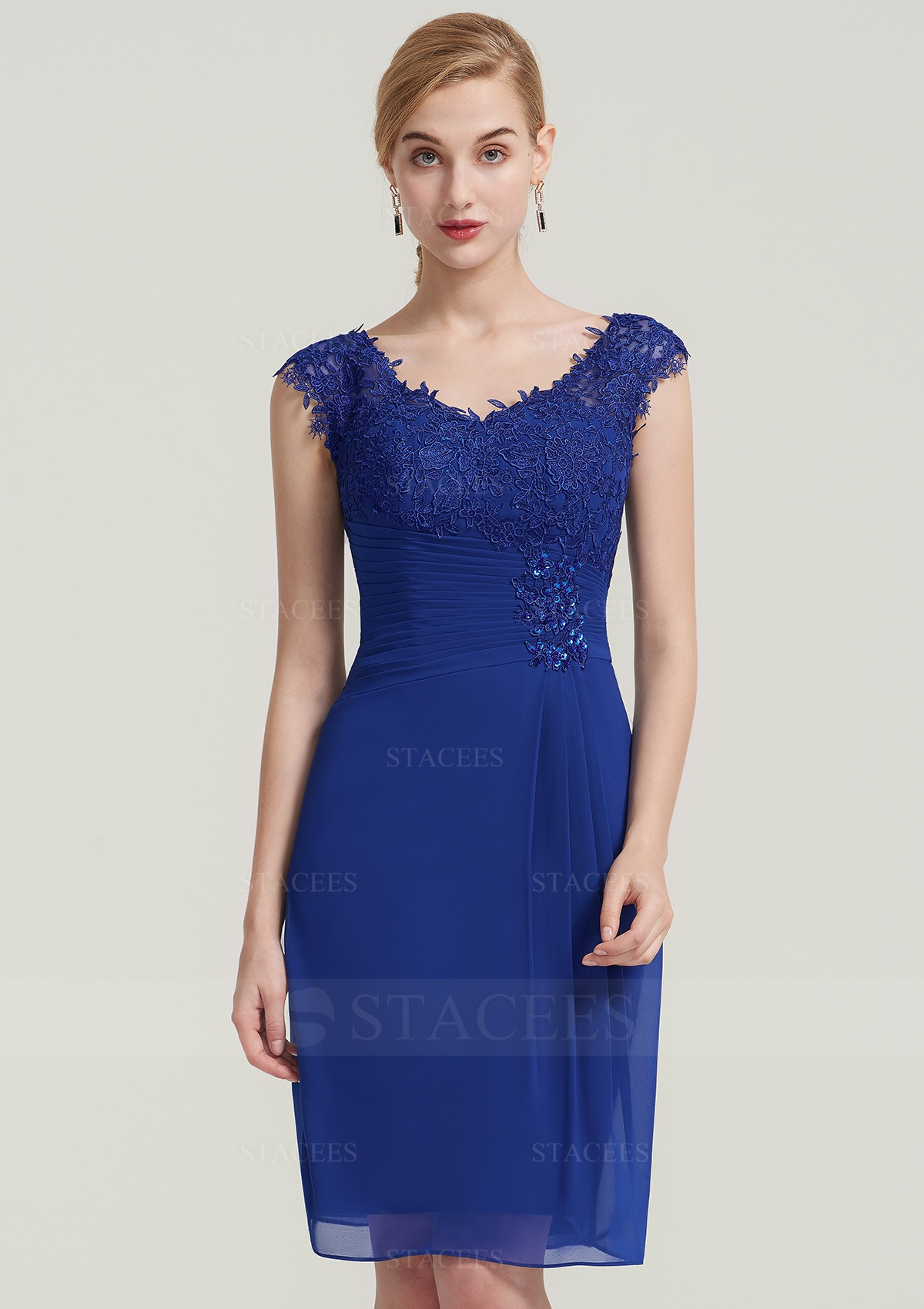 royal blue chiffon dress knee length Stacees Mother of the Bride or Groom Dresses V Neck Knee-Length Jacket Lace Pleated Swatches