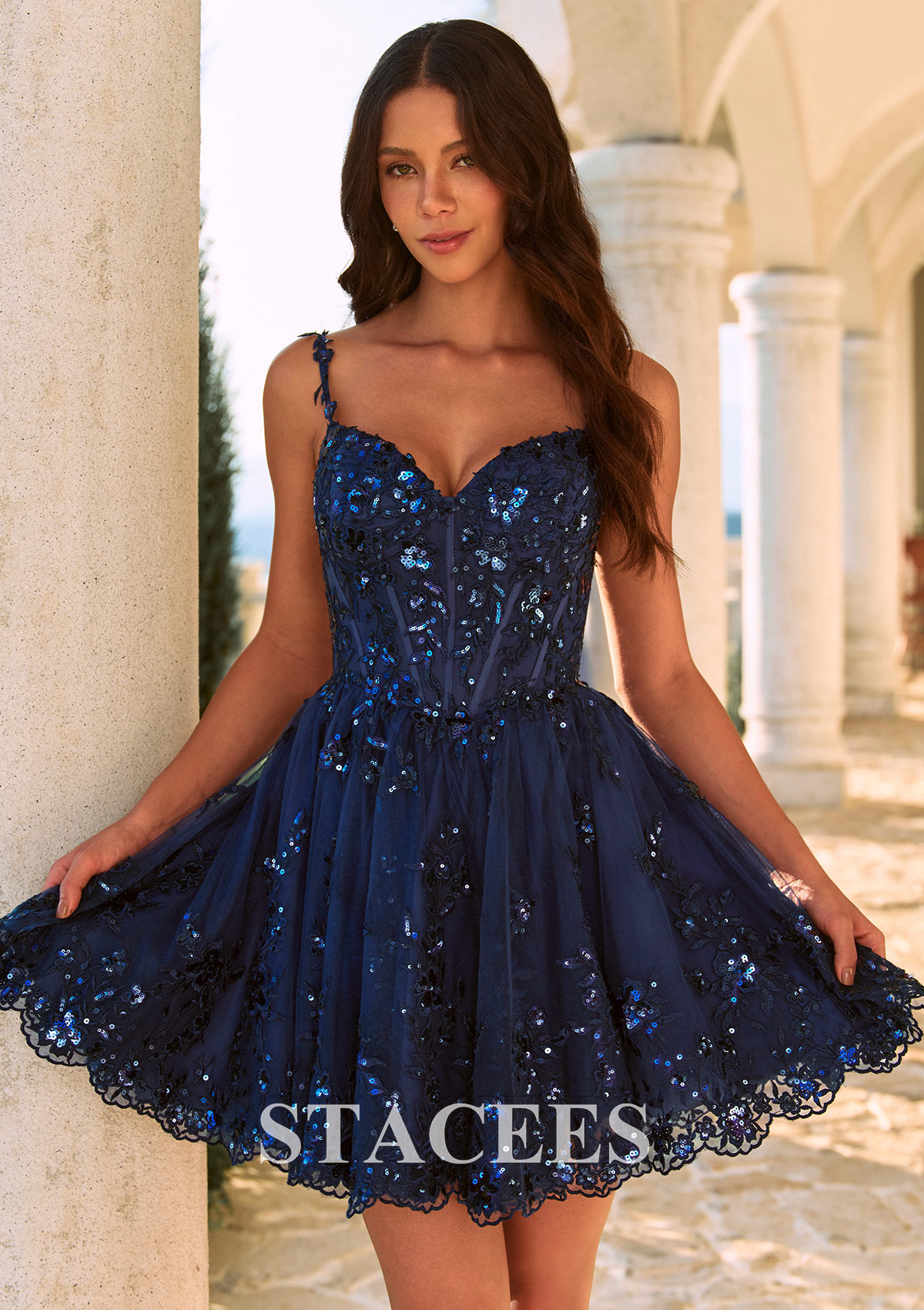 Dark Navy Sparkly Sequins A-line V Neck Corset Short Mini Homecoming Dress with Spaghetti Straps