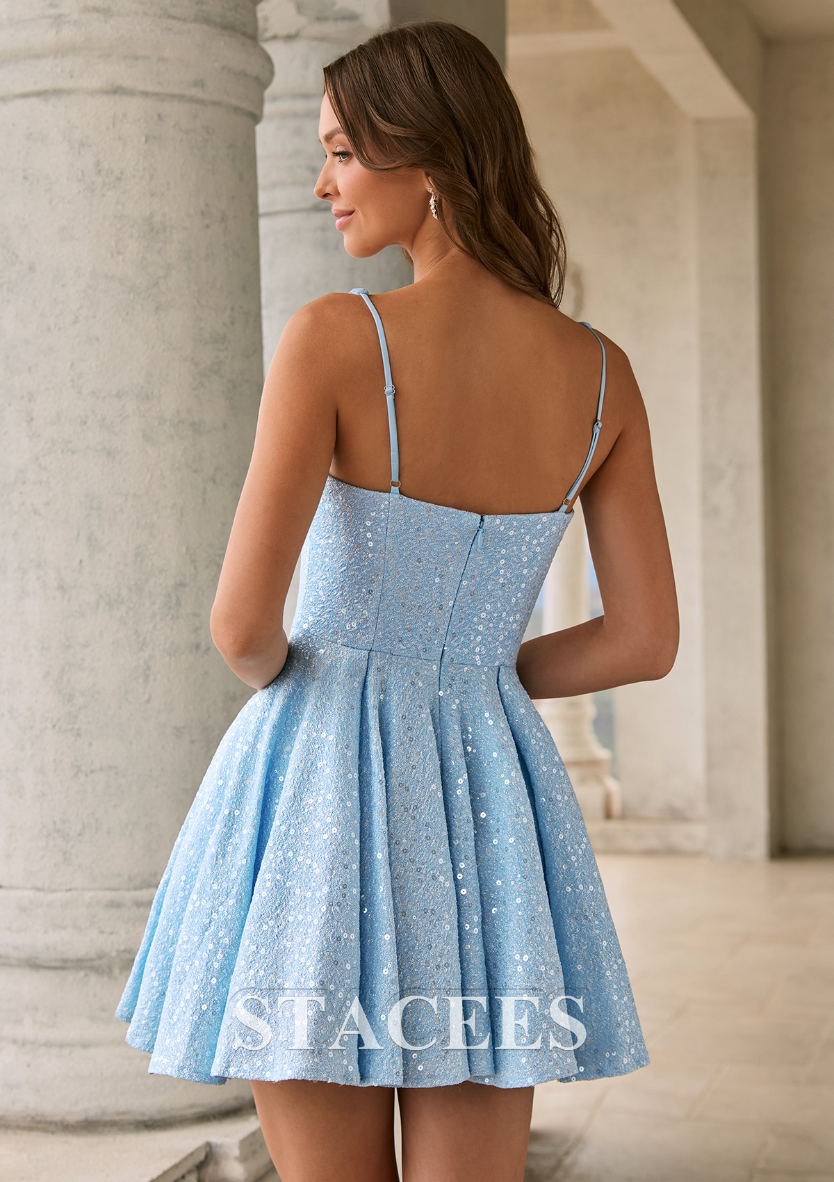 Azul Cielo Vestido línea a cuello cuadrado lentejuelas corto/mini vestido para homecoming