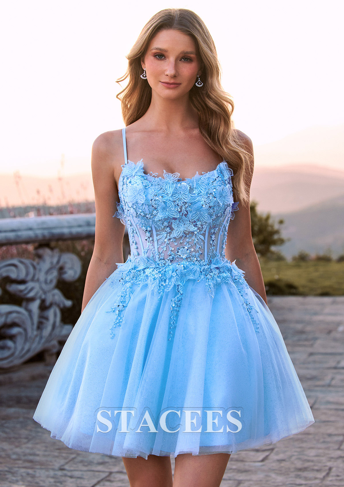 Sky Blue A-line Sparkly Tulle Mini Homecoming Dress with 3D Floral Lace Corset Glitter - STACEES