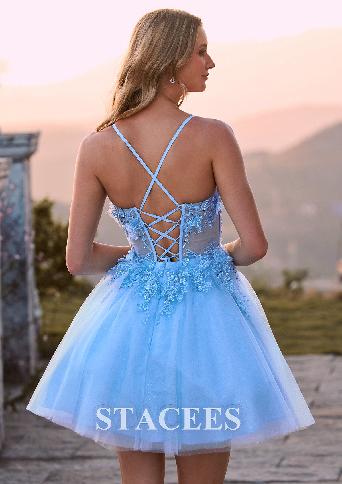 Sky Blue A-line Sparkly Tulle Mini Homecoming Dress with 3D Floral Lace Corset Glitter - STACEES