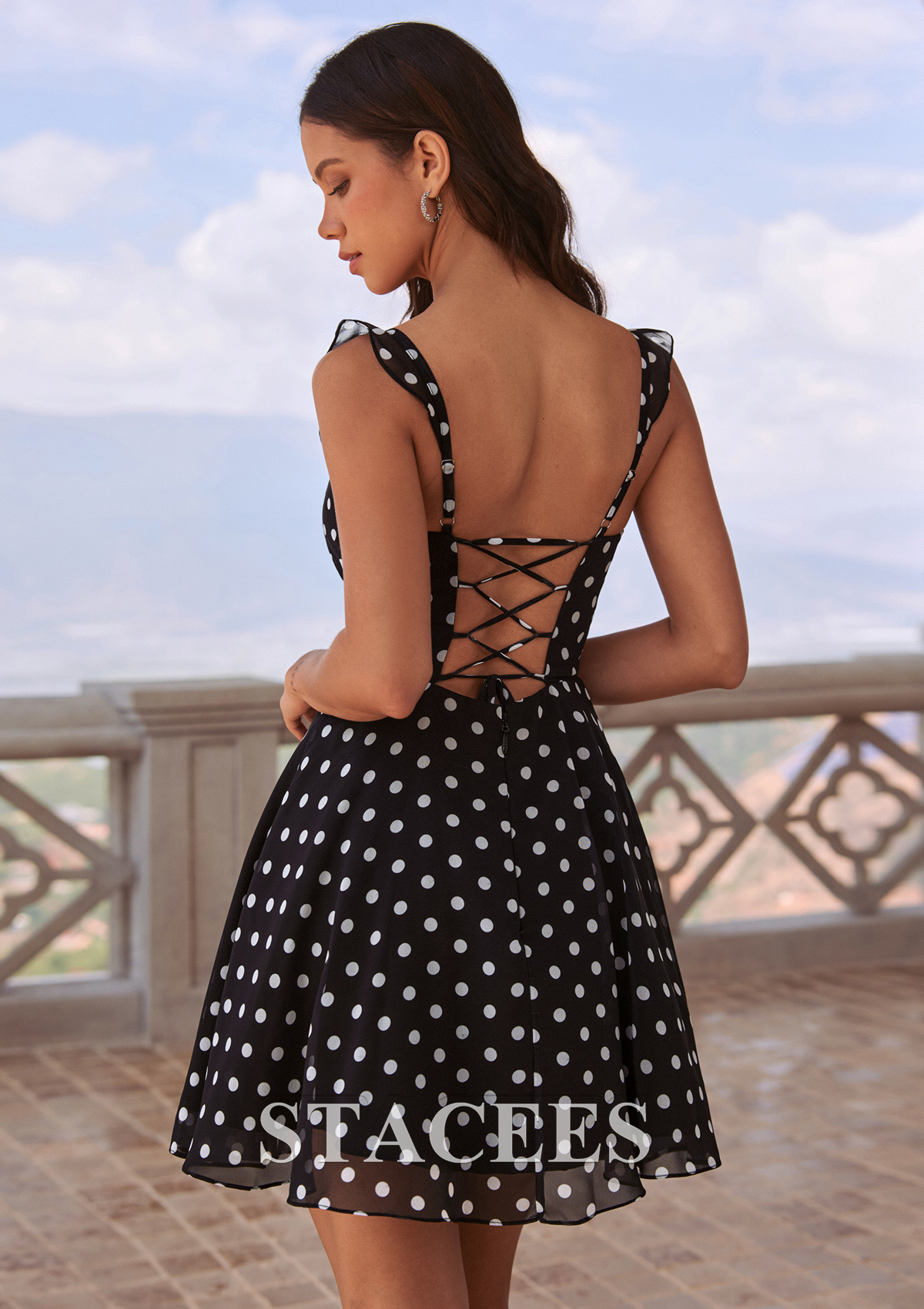 Black White A-line Sweetheart Chiffon Short/Mini Polka Dot Homecoming Dress with Ruffle Straps - STACEES