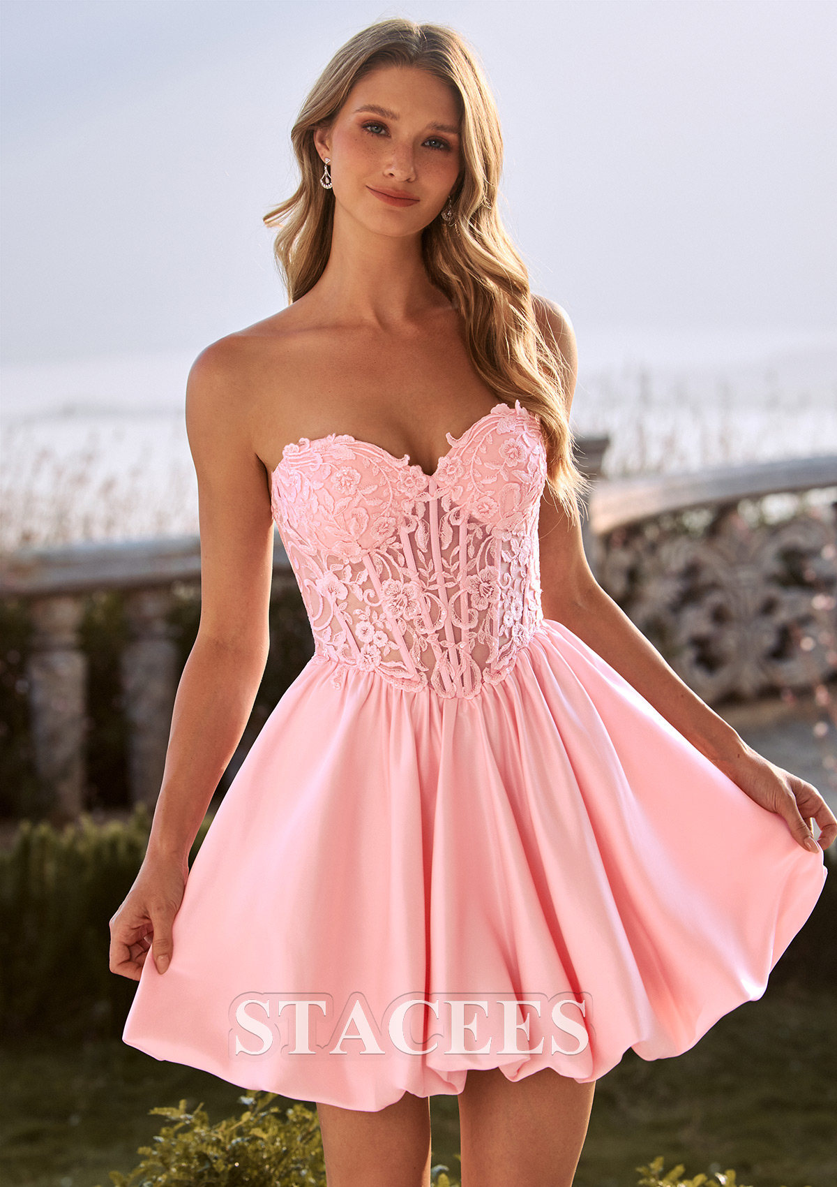 Blushing Pink Strapless Lace Corset A-Line Mini Bubble Homecoming Dress - STACEES