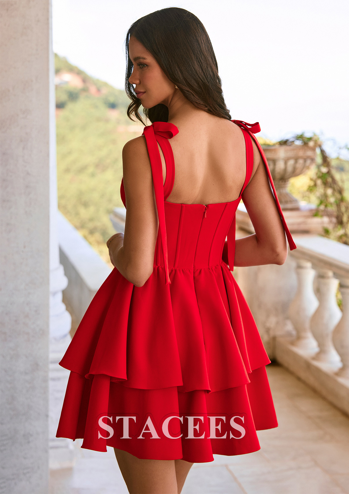 Red A-line Sweetheart Stretch Crepe Layered Short Homecoming Dress with Bow Tie Straps - STACEES