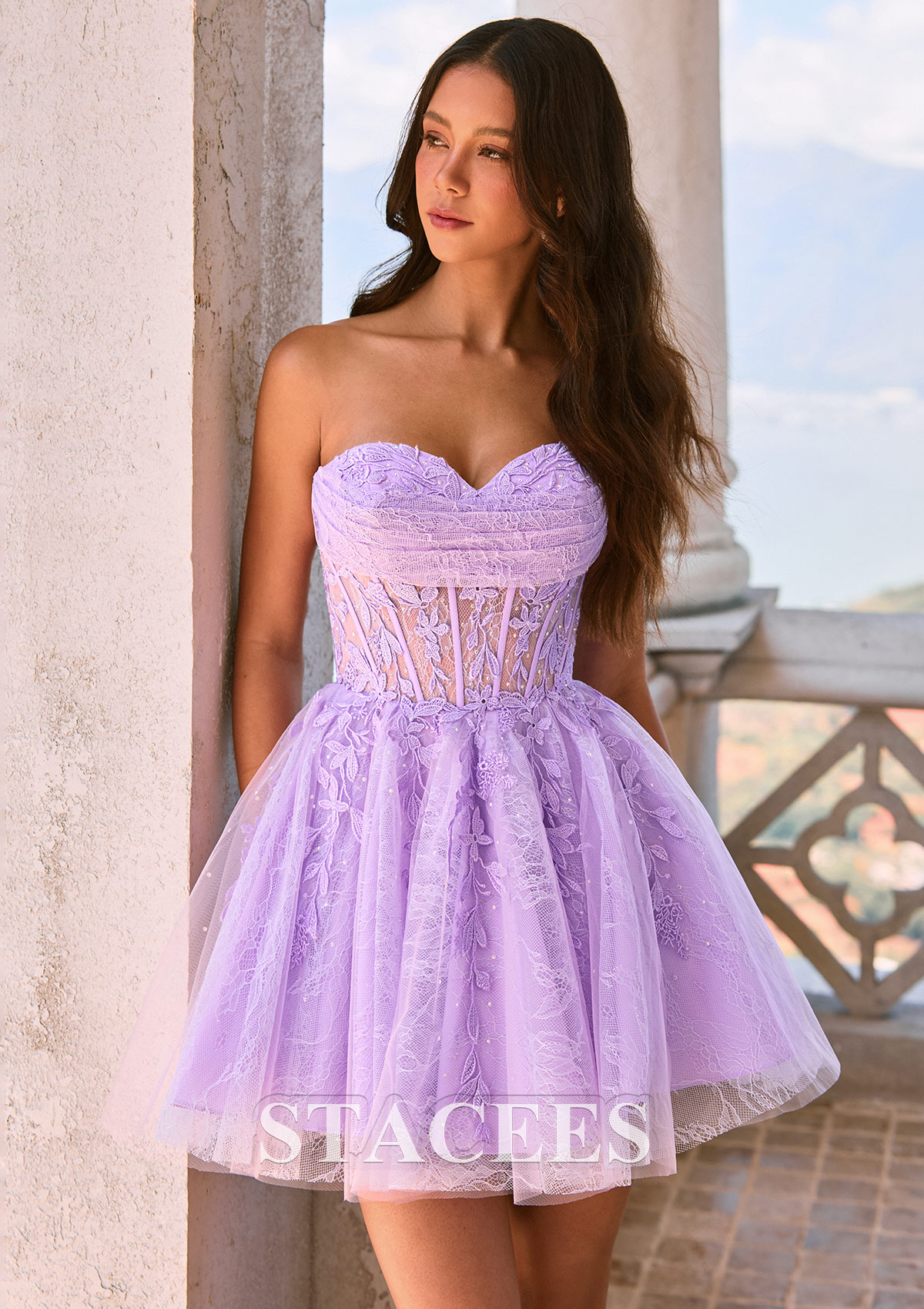Lilac A-Lin Lace Short Homecoming Dress with Ruched Strapless Sweetheart Corset Bodice - STACEES
