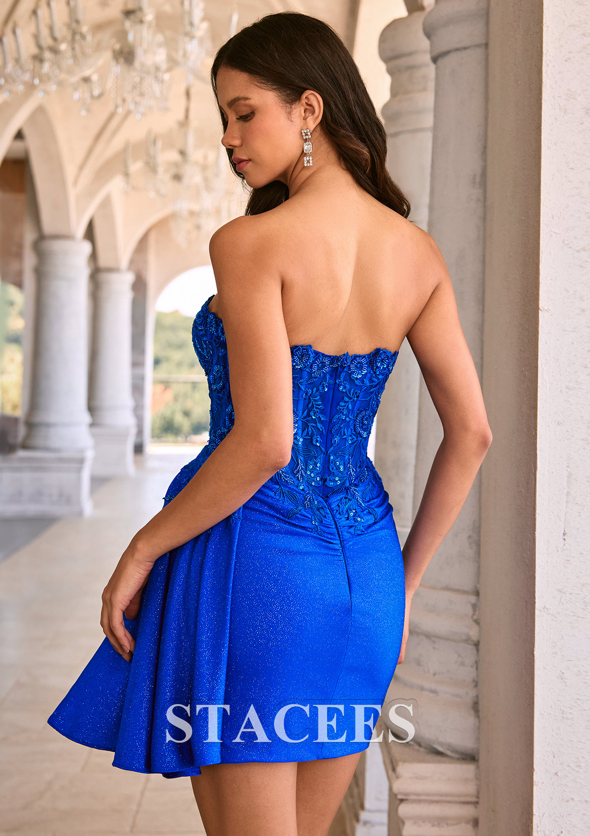 Bleu Royal Fourreau col cœur jersey courte/mini robe de fête de la rentré avec drapé latéral paillettes - STACEES
