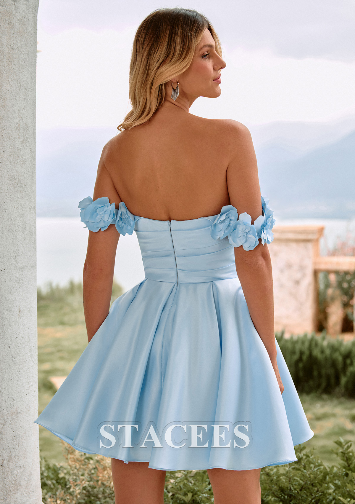 Sky Blue Satin Floral Off-the-Shoulder A-Line Short Homecoming Dress with 3D Flower Straps - STACEES