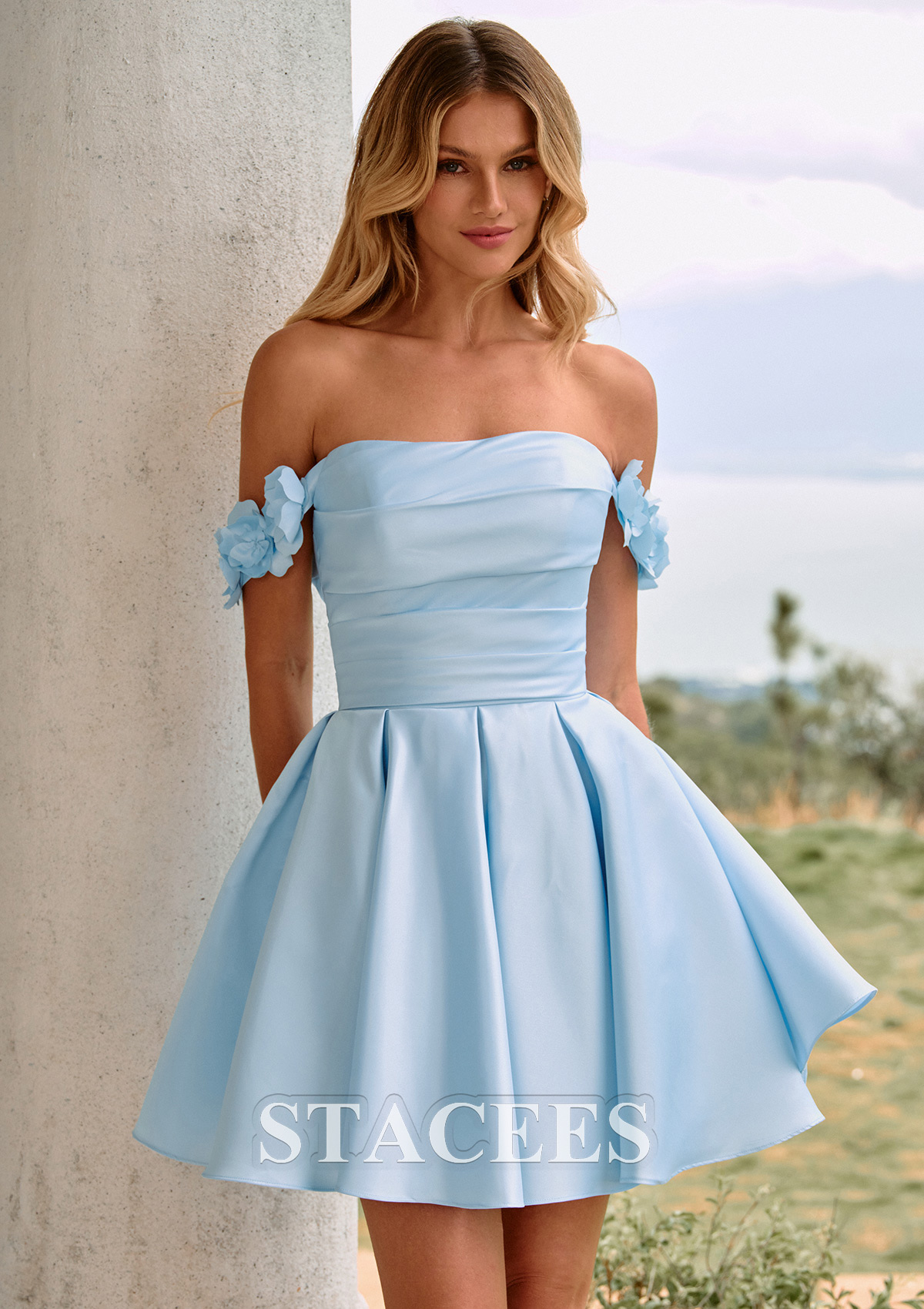 Sky Blue Satin Floral Off-the-Shoulder A-Line Short Homecoming Dress with 3D Flower Straps - STACEES