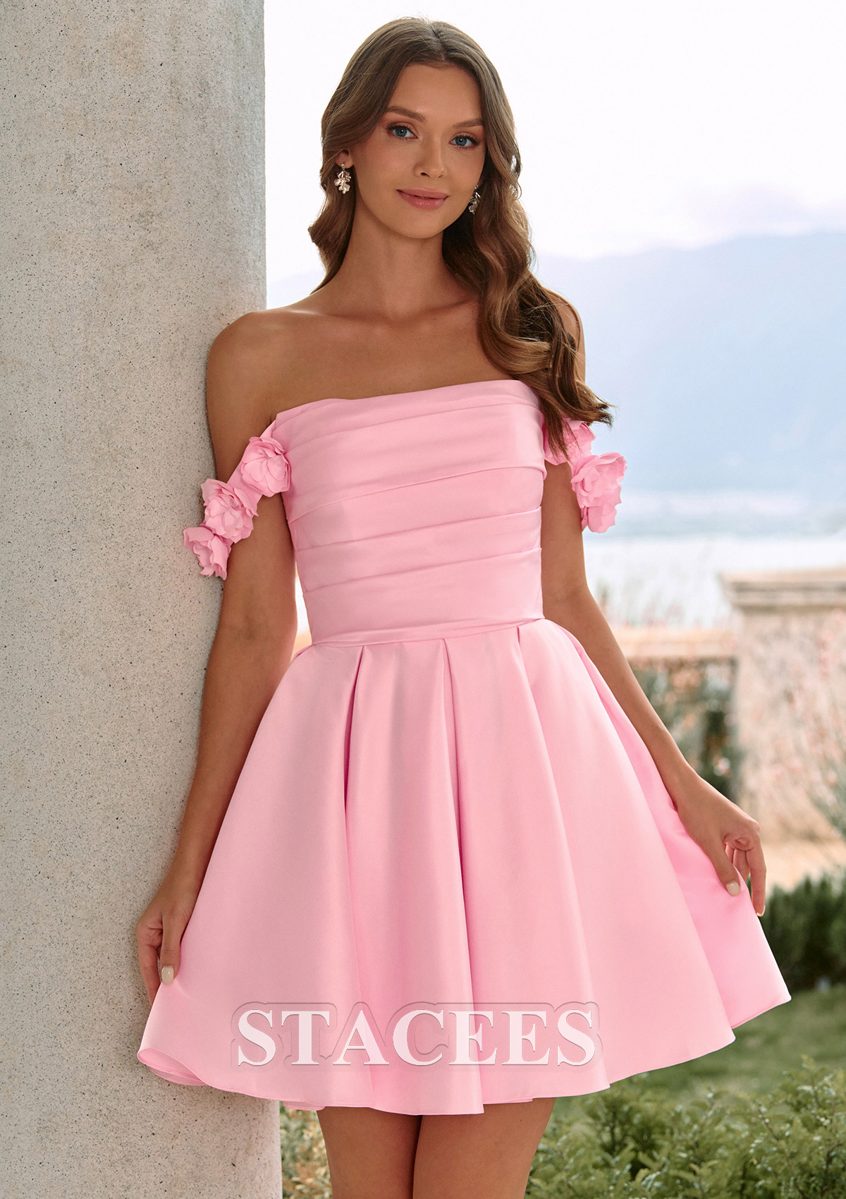 Candy Pink A-Line Satin Mini Homecoming Dress with 3D Flowers Off-Shoulder Straps Pockets - STACEES