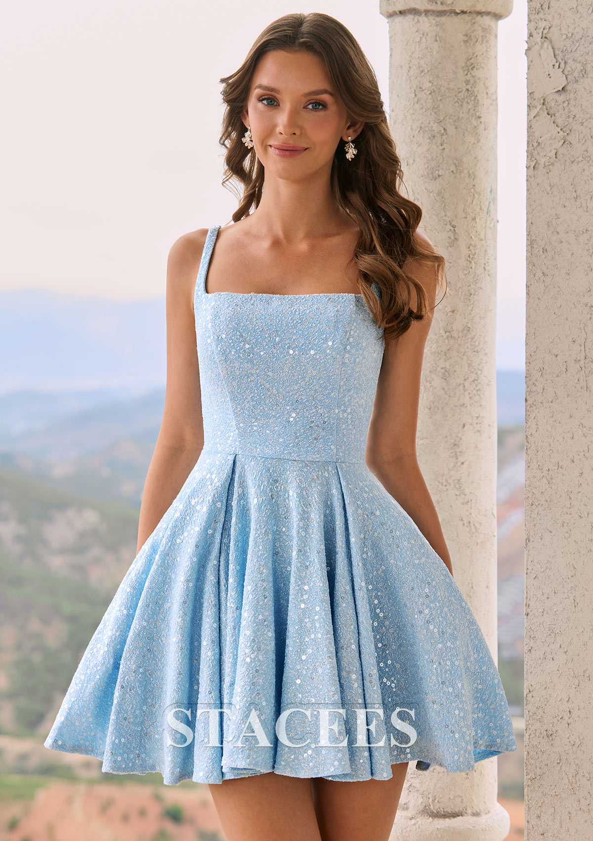 Sky Blue A-line Square Neckline Luxe Sequin Short/Mini Homecoming Dress with Spaghetti Straps - STACEES