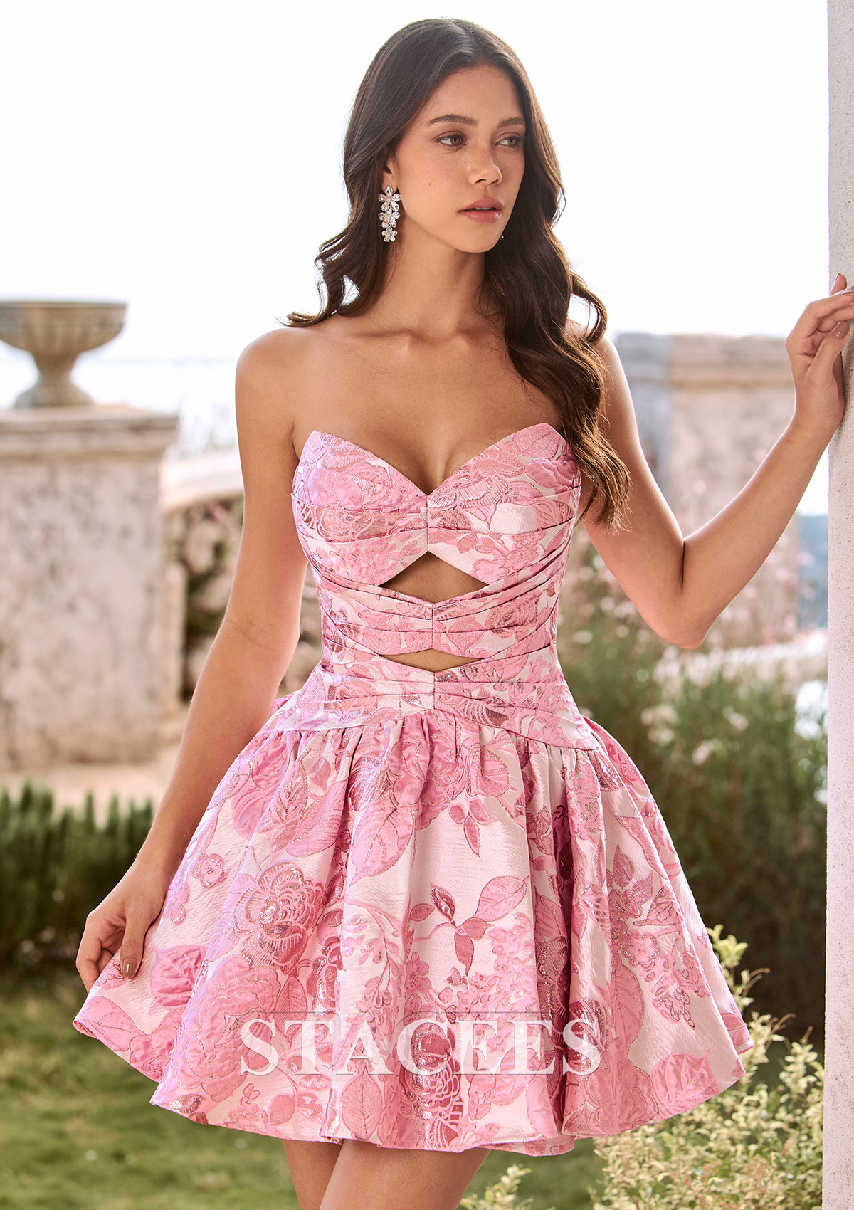 Candy Pink Floral A-line Brocade Strapless Mini Homecoming Dress with Cutout Bodice - STACEES