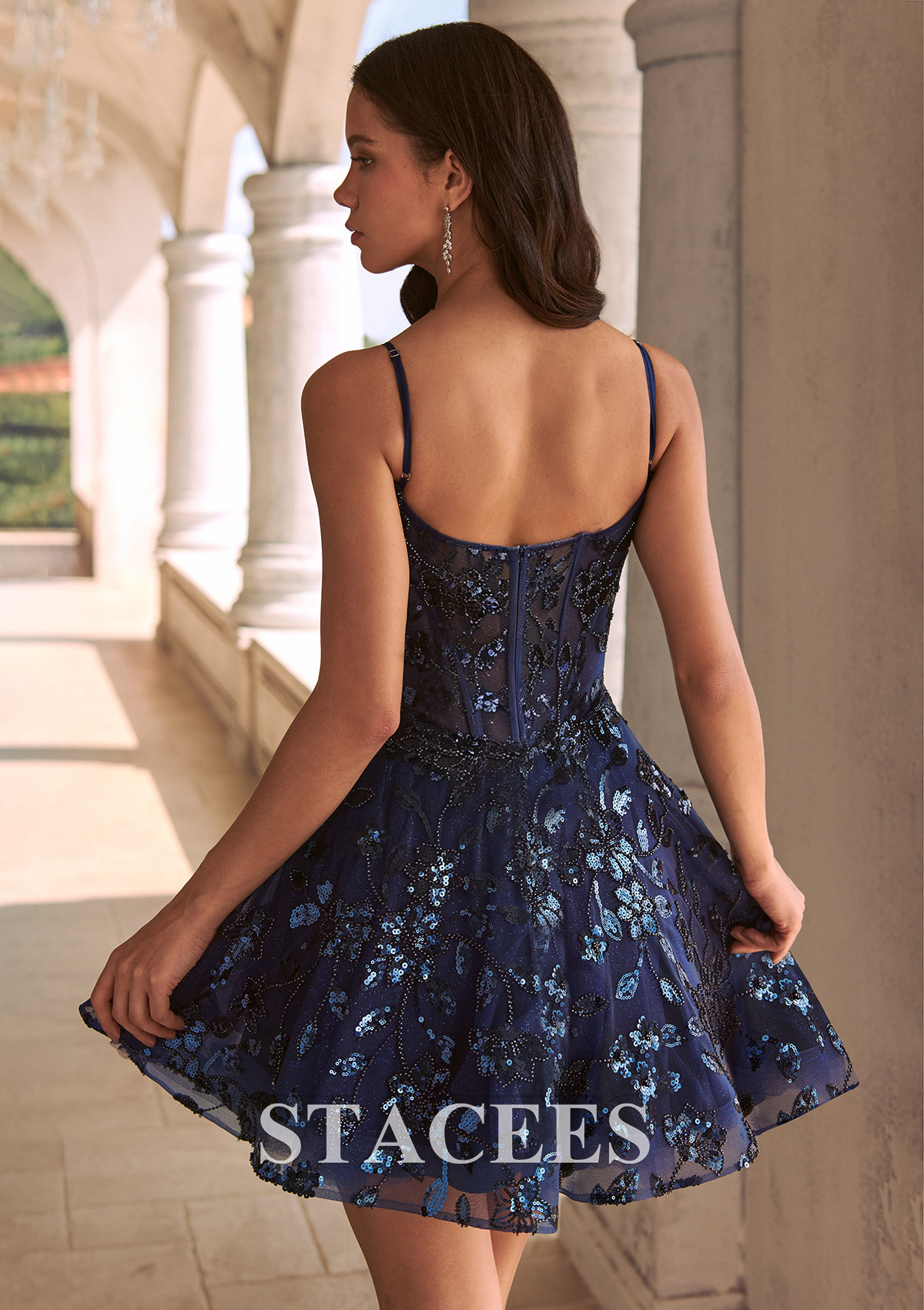 Dark Navy A-line Floral Sequins Homecoming Dress with Spaghetti Straps - STACEES
