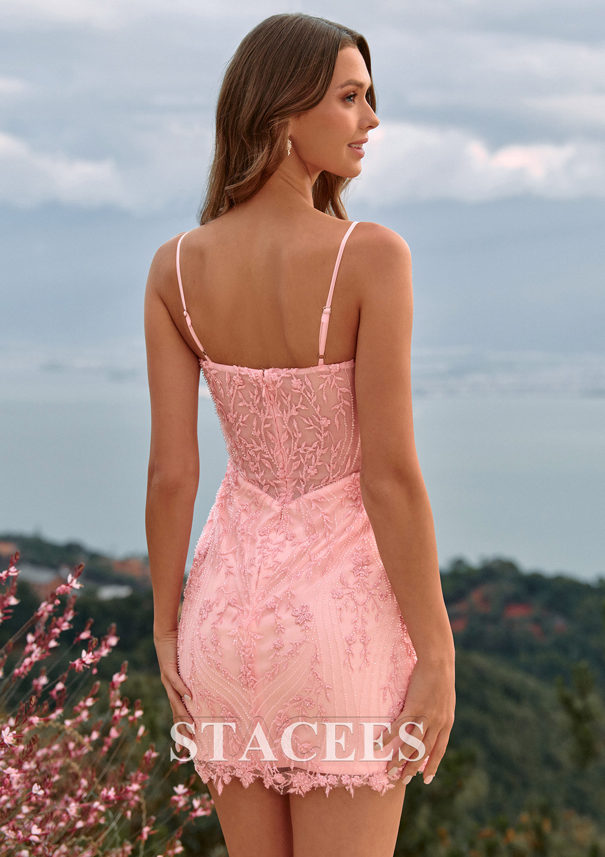 Blushing Pink Sheath Deep V Neck Beaded Mini Homecoming Dress with Spaghetti Straps Corset Fringe Hem - STACEES