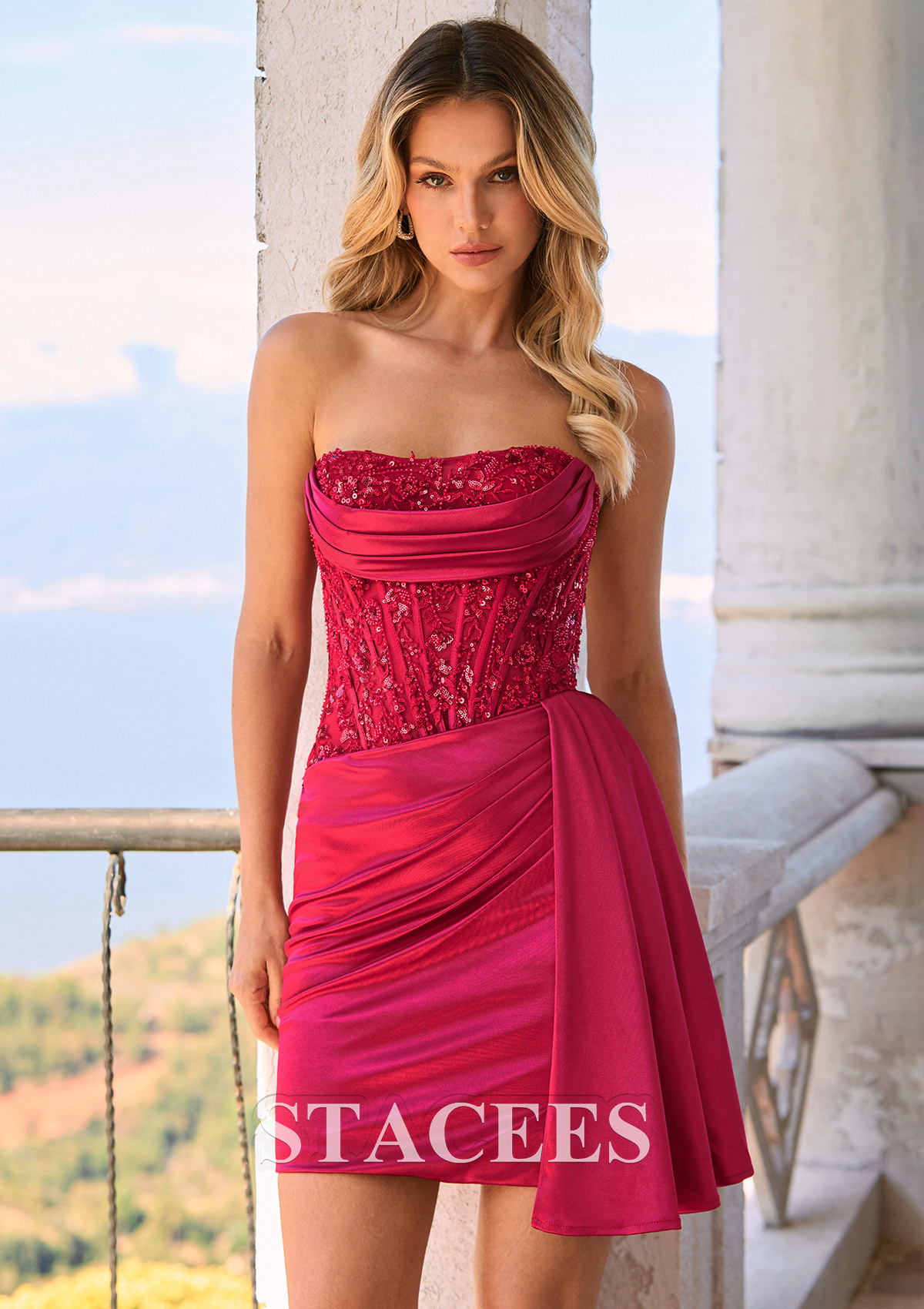 Burgundy Sheath Strapless Beaded Corset Mini Homecoming Dress with Pleats Side Drape - STACEES
