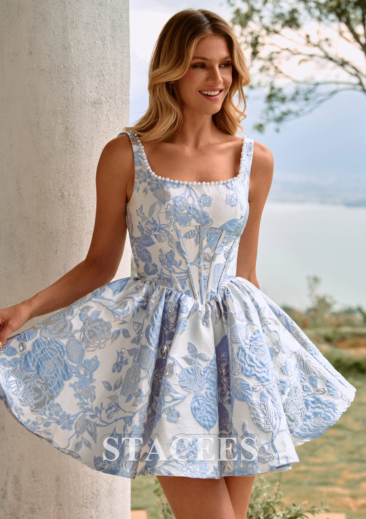 Sky Blue Floral A-line Brocade Mini Homecoming Dress with Pearled Square Neckline Corset - STACEES