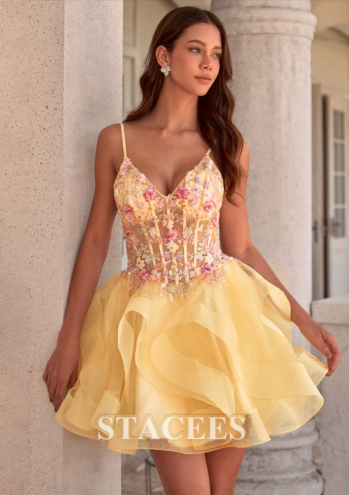 Yellow A-line Tiered Ruffle Homecoming Dress with Floral Applique Corset - STACEES