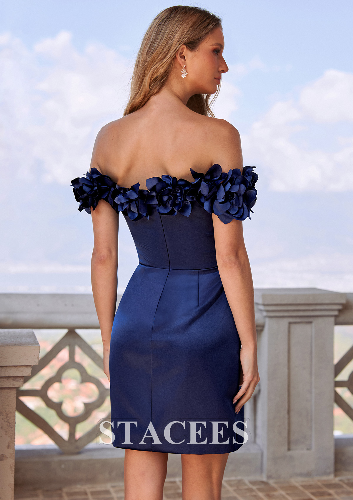 Dark Navy Off-the-Shoulder Satin Mini Homecoming Dress with 3D Flowers - STACEES