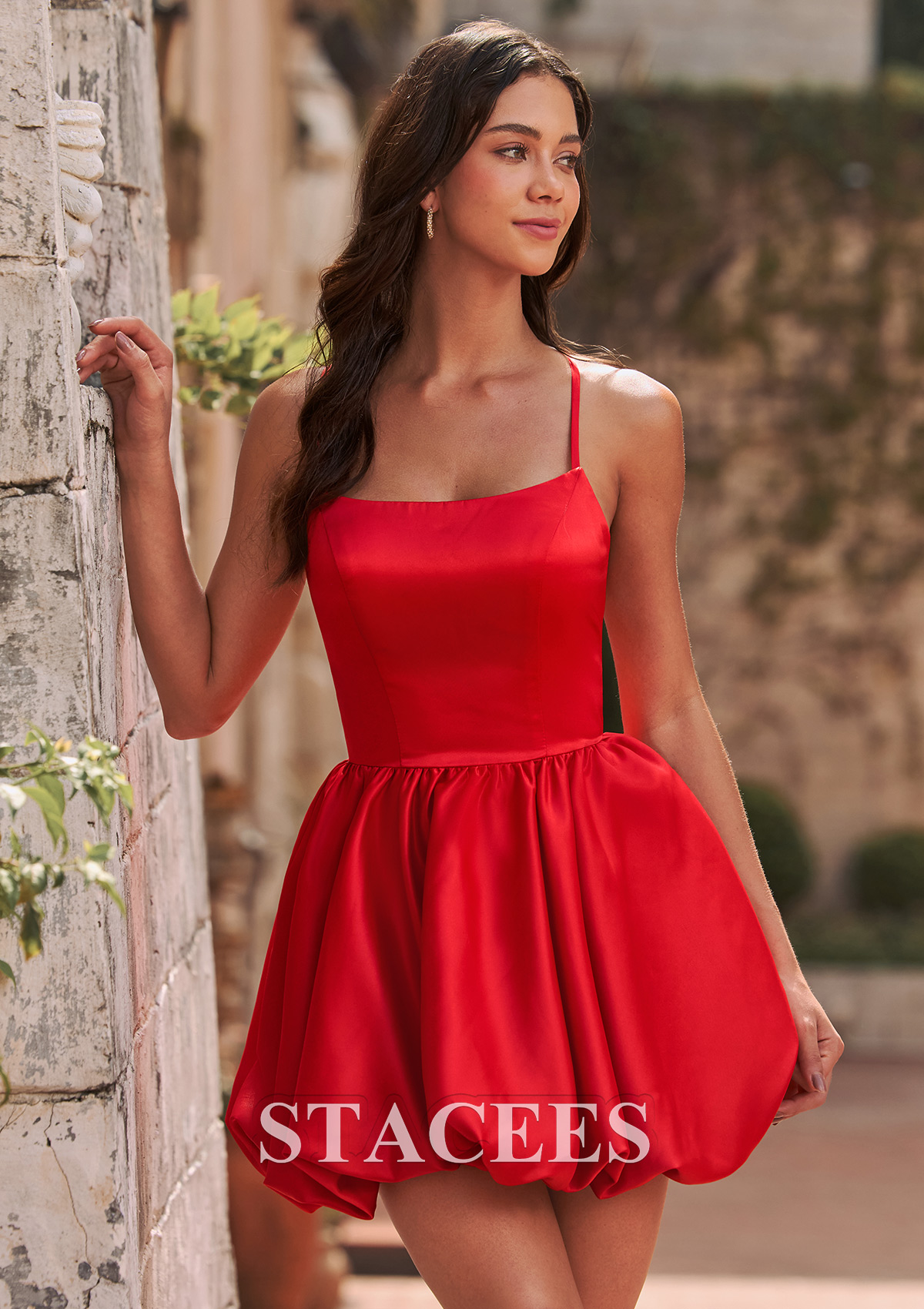 Red A-Line Satin Short Bubble Homecoming Dress with Crisscross Back - STACEES