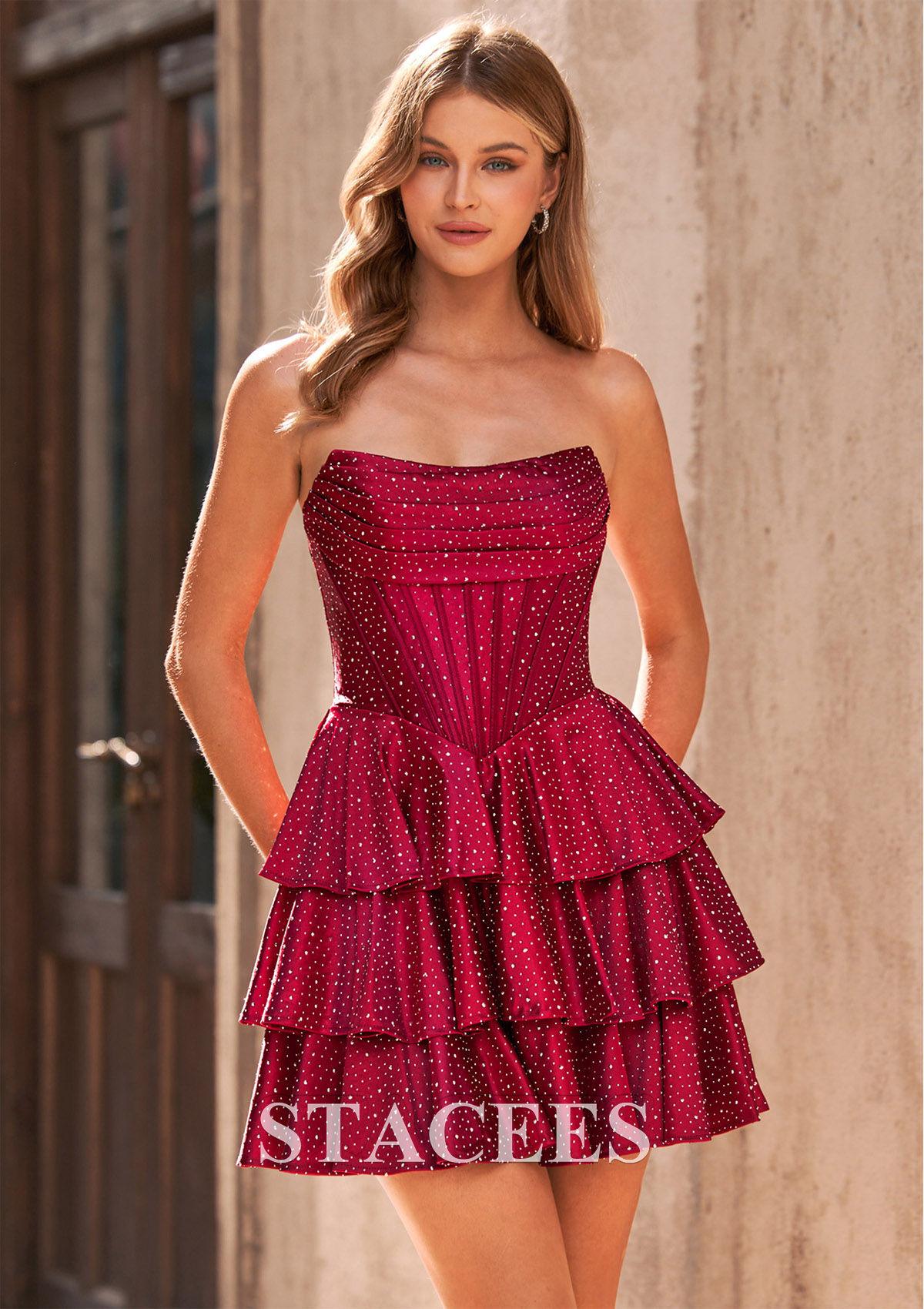 Burgundy A-line Sparkly Strapless Ruched Corset Ruffle Homecoming Dress - STACEES