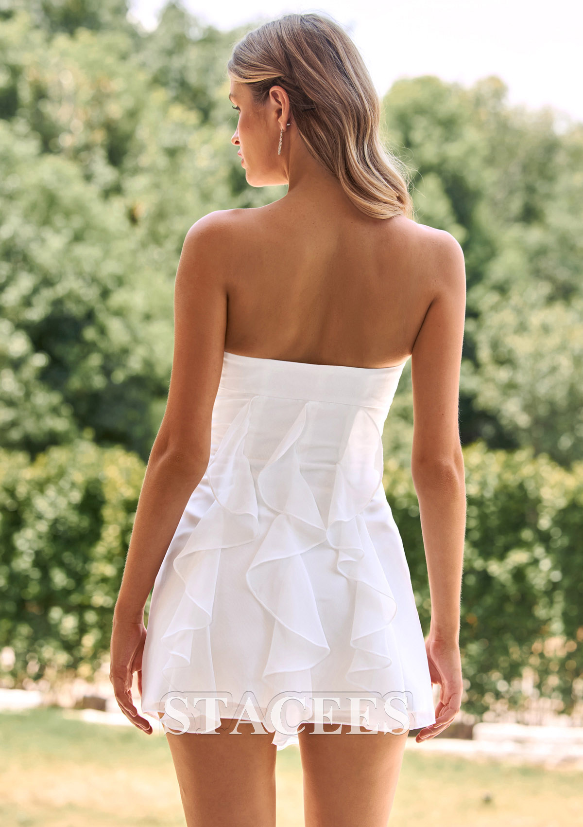 Ivory Strapless Ruffle A-Line Ruched Chiffon Graduation Dress - STACEES