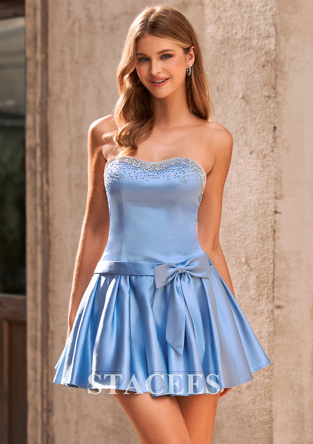 Dusty Blue Flared A-line Strapless Rhinestone Bow Short Satin Homecoming Dress - STACEES