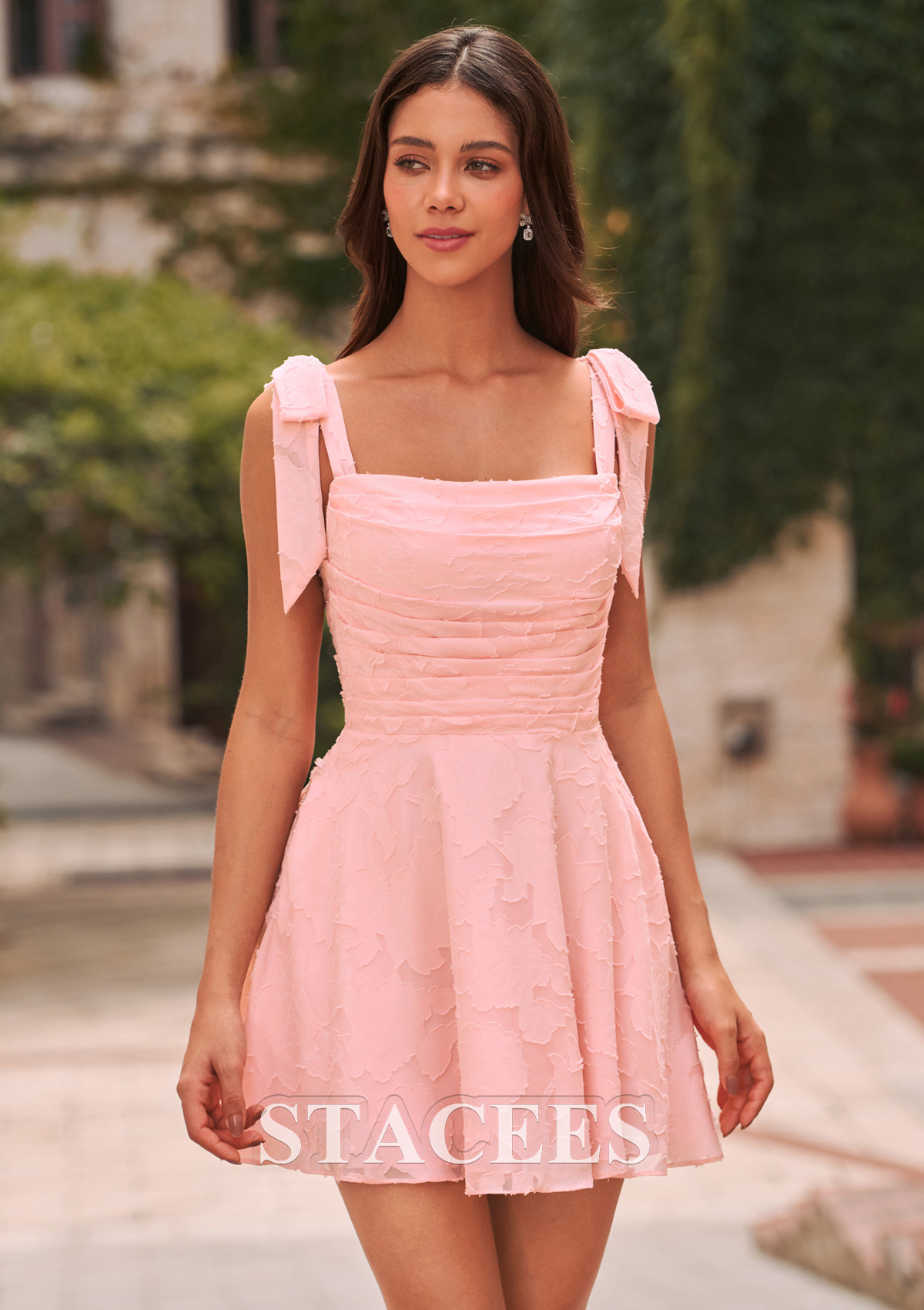 Blushing Pink A-line Square Neckline Floral Jacquard Mini Homecoming Dress with Bow Straps - STACEES