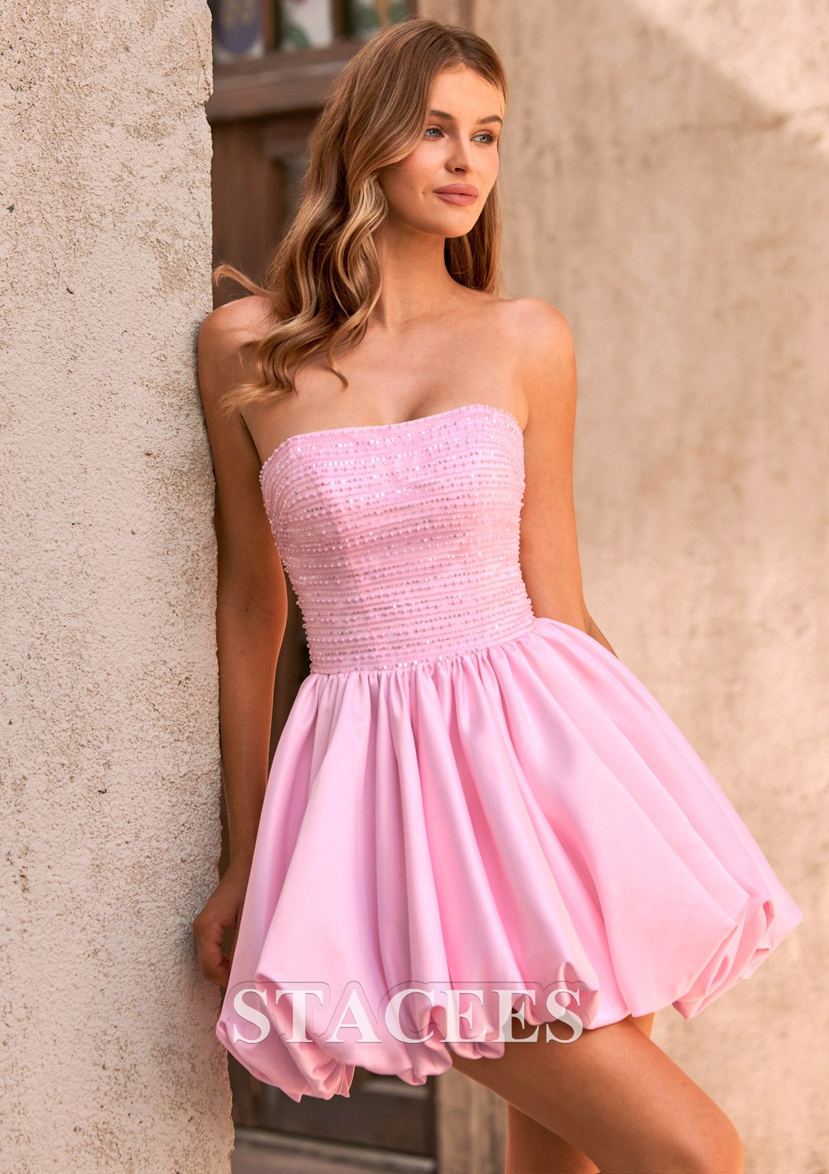 Candy Pink A-line Strapless Beaded Satin Bubble Hem Short Homecoming Dress - STACEES